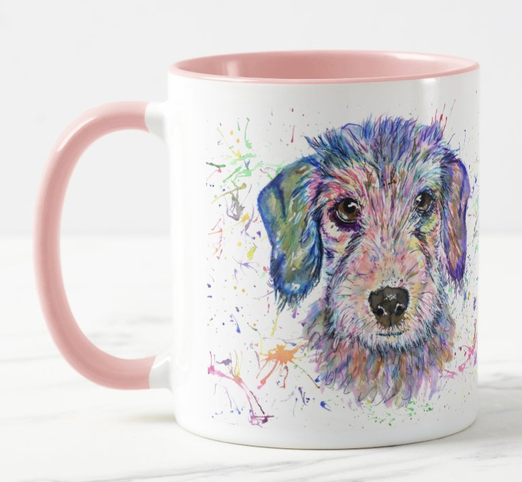 Dachshund Wire haired Sausage Wierner Dog Pet Animals Watercolour Rainbow Art Coloured Mug Cup