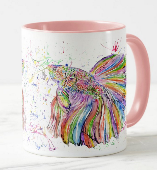 Fish Betta Siamese Fighting Animals Watercolour Art Coloured Mug Cup