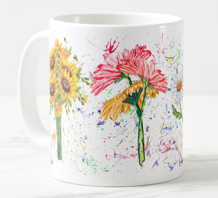 Flowers Daises Sunflower Gerber Daffodil Watercolour Rainbow Art Coloured Mug Cup