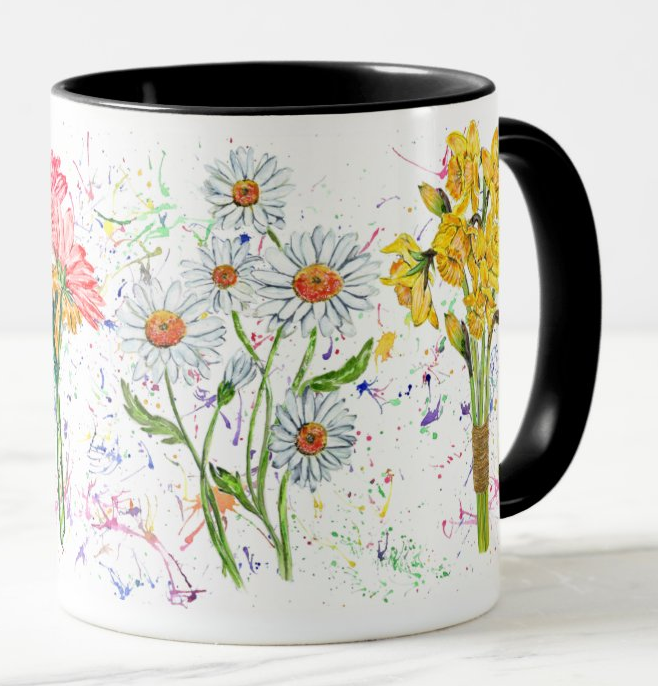 Flowers Daises Sunflower Gerber Daffodil Watercolour Rainbow Art Coloured Mug Cup