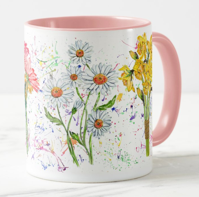 Flowers Daises Sunflower Gerber Daffodil Watercolour Rainbow Art Coloured Mug Cup