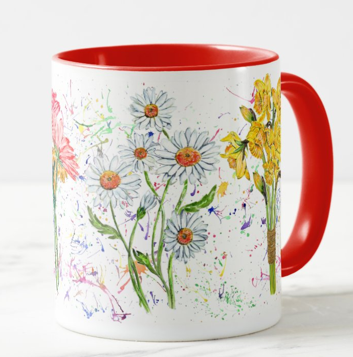 Flowers Daises Sunflower Gerber Daffodil Watercolour Rainbow Art Coloured Mug Cup