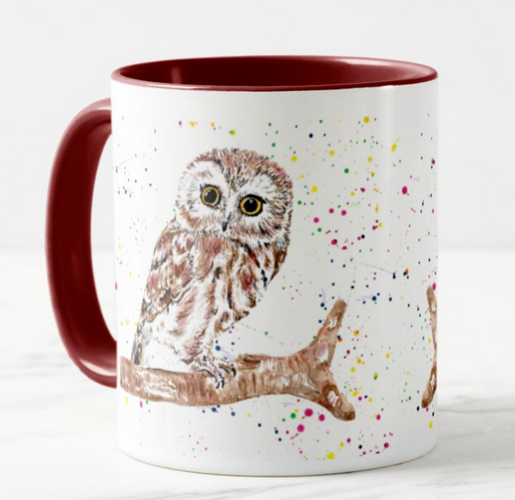 Owl Bird Animal Watercolour Art Coloured Mug Cup
