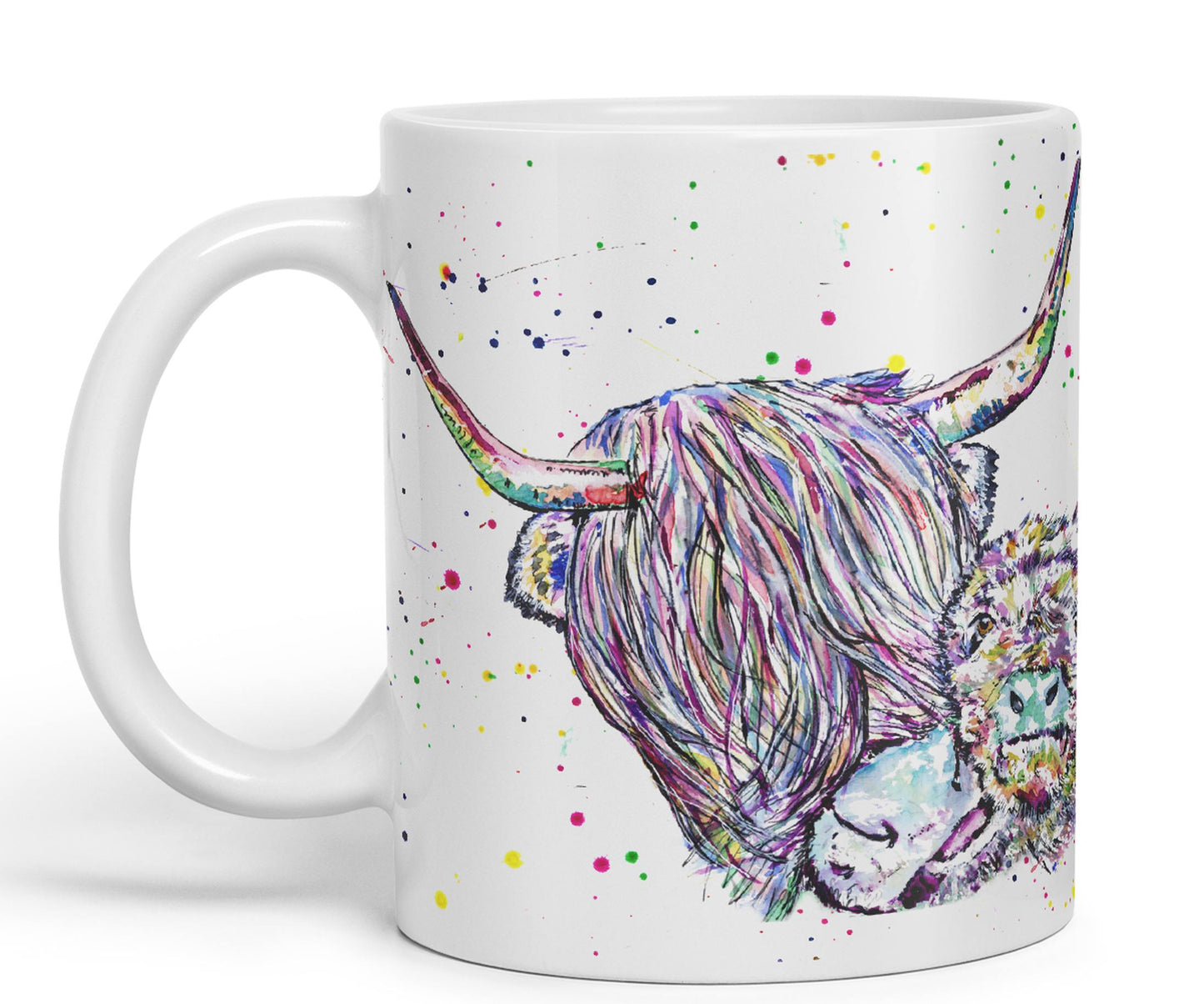 Highland Cow Scottish with Calf Baby Farm Animals Watercolour Rainbow Art Coloured Mug Cup new design