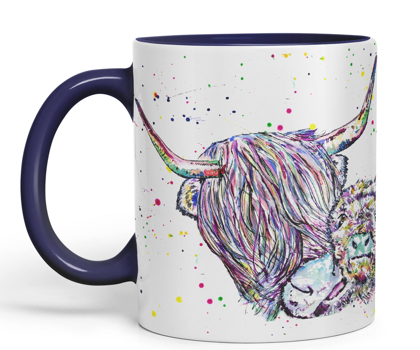 Highland Cow Scottish with Calf Baby Farm Animals Watercolour Rainbow Art Coloured Mug Cup new design