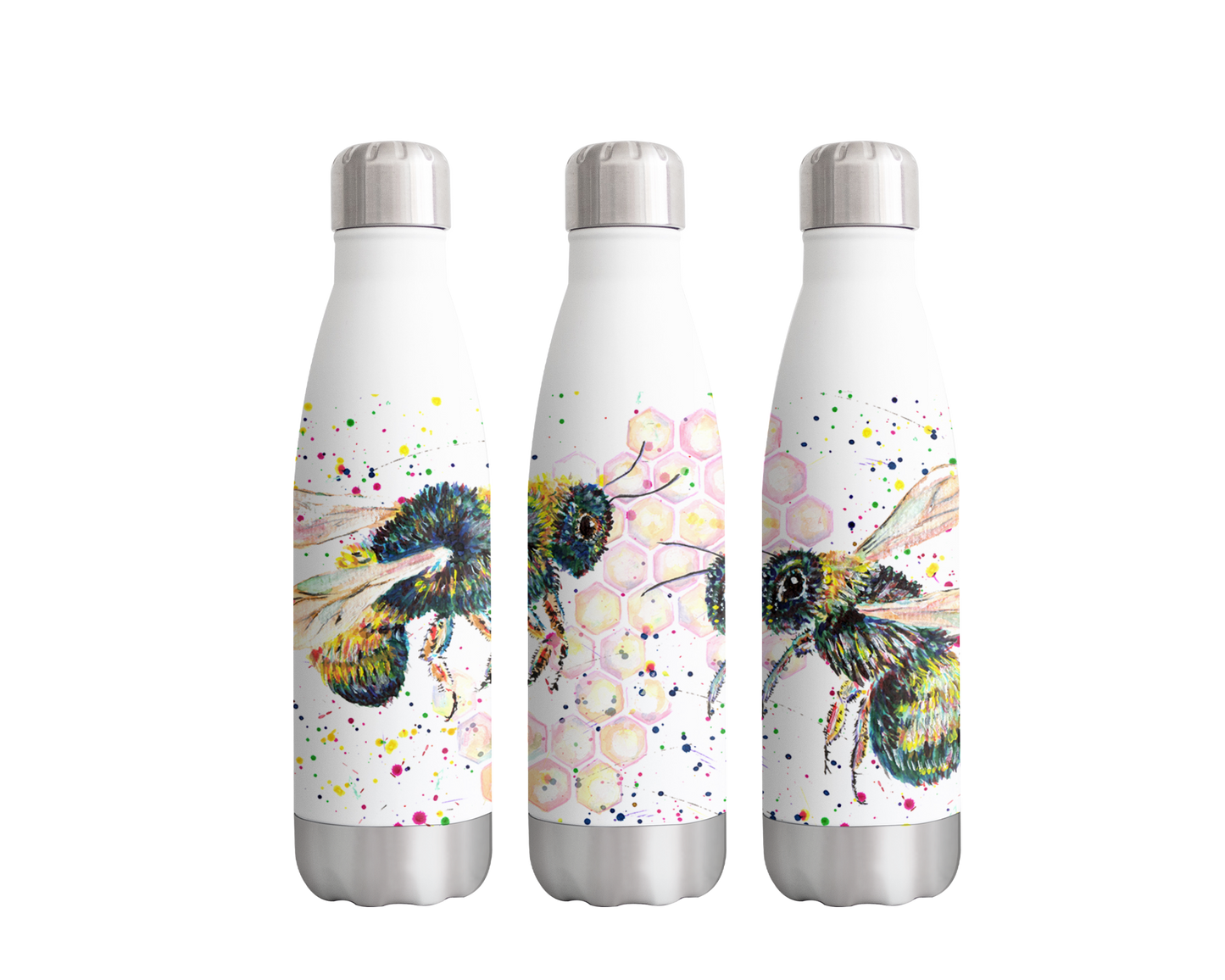 Bee Bees Honey comb Wildlife Insect Farm Animals Watercolour Rainbow Art Bottle 500ml
