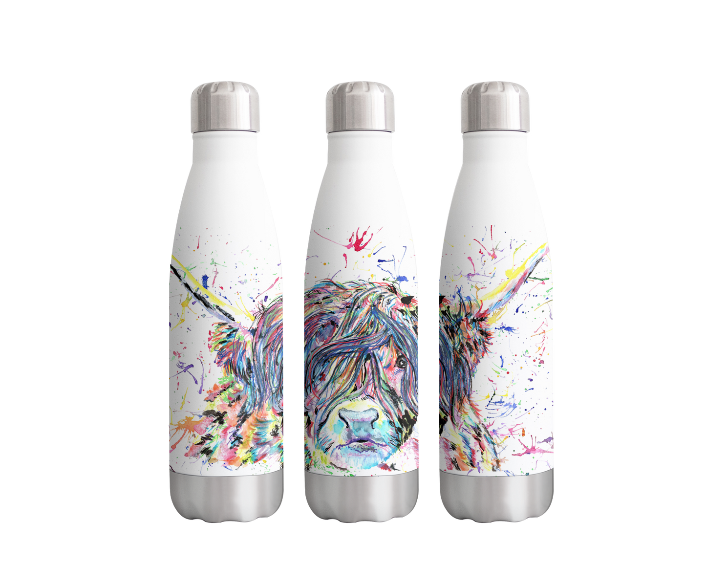 Cow Scottish Highland farm Animals Watercolour Rainbow Art Bottle 500ml