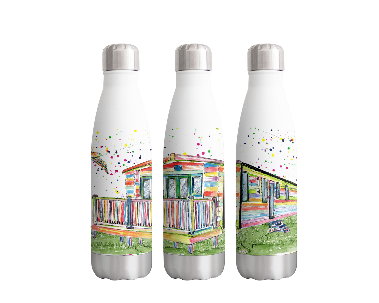 Caravan Static Holiday Home Watercolour Rainbow Art Bottle 500ml