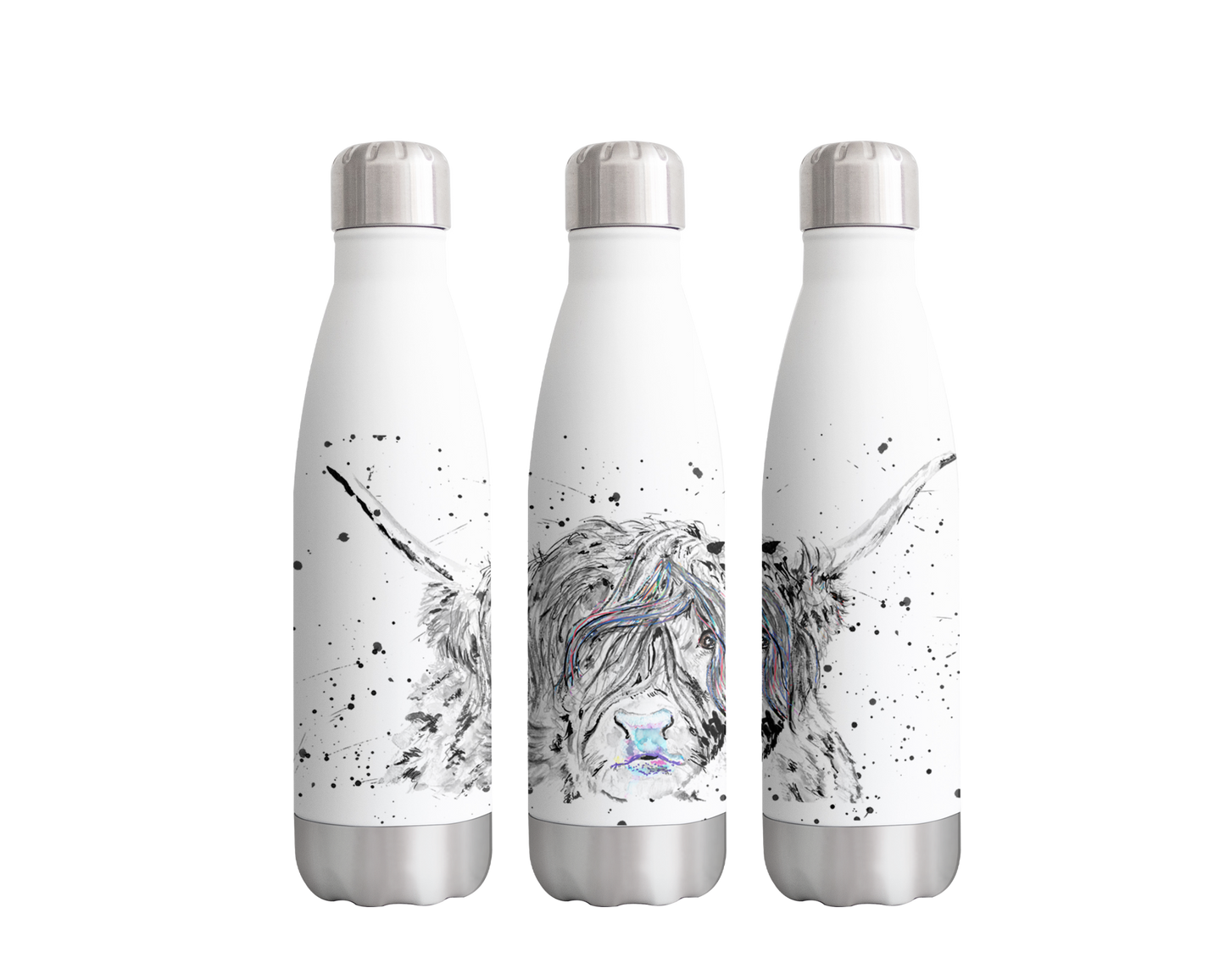 Cow Scottish Highland farm Black and White Animals Watercolour Rainbow Art Bottle 500ml