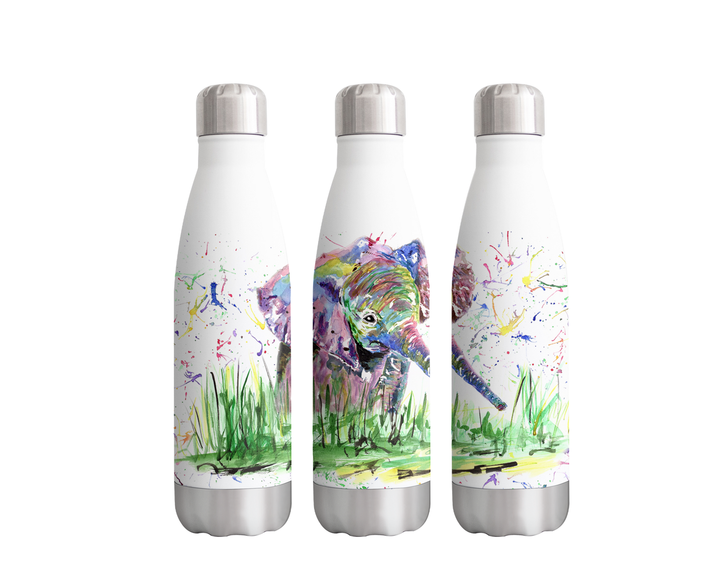 Elephant Baby Safari Animals Watercolour Rainbow Art Bottle 500ml