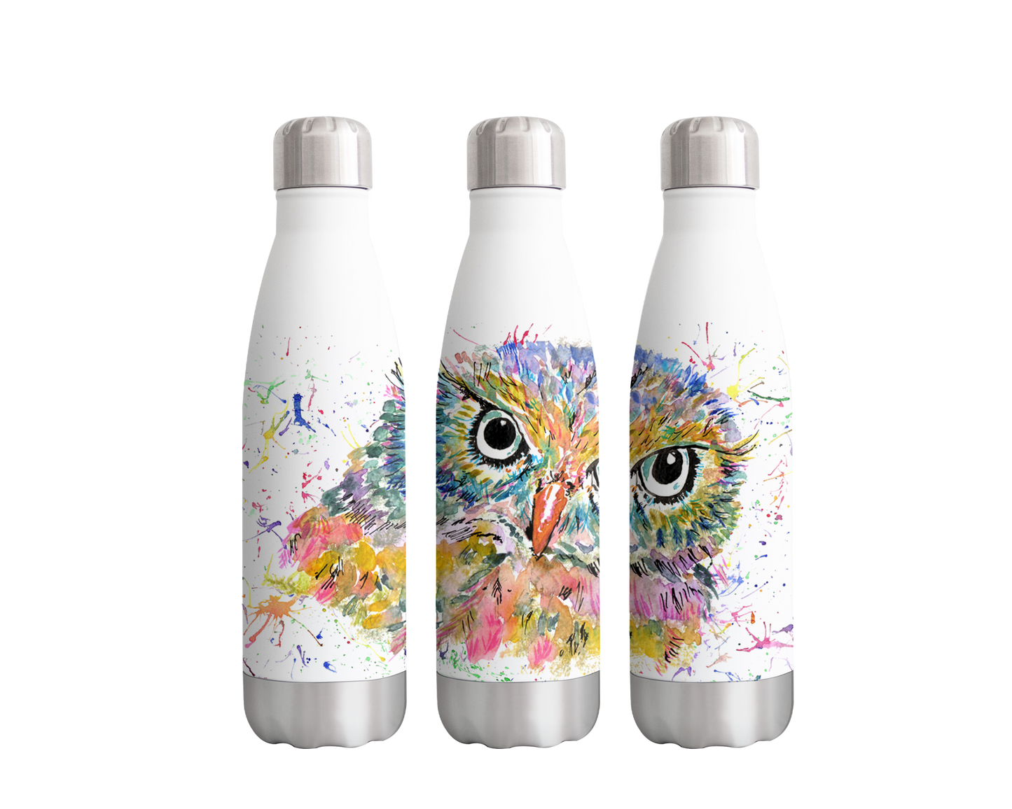 Owl Wildlife Animals Watercolour Rainbow Art Bottle 500ml