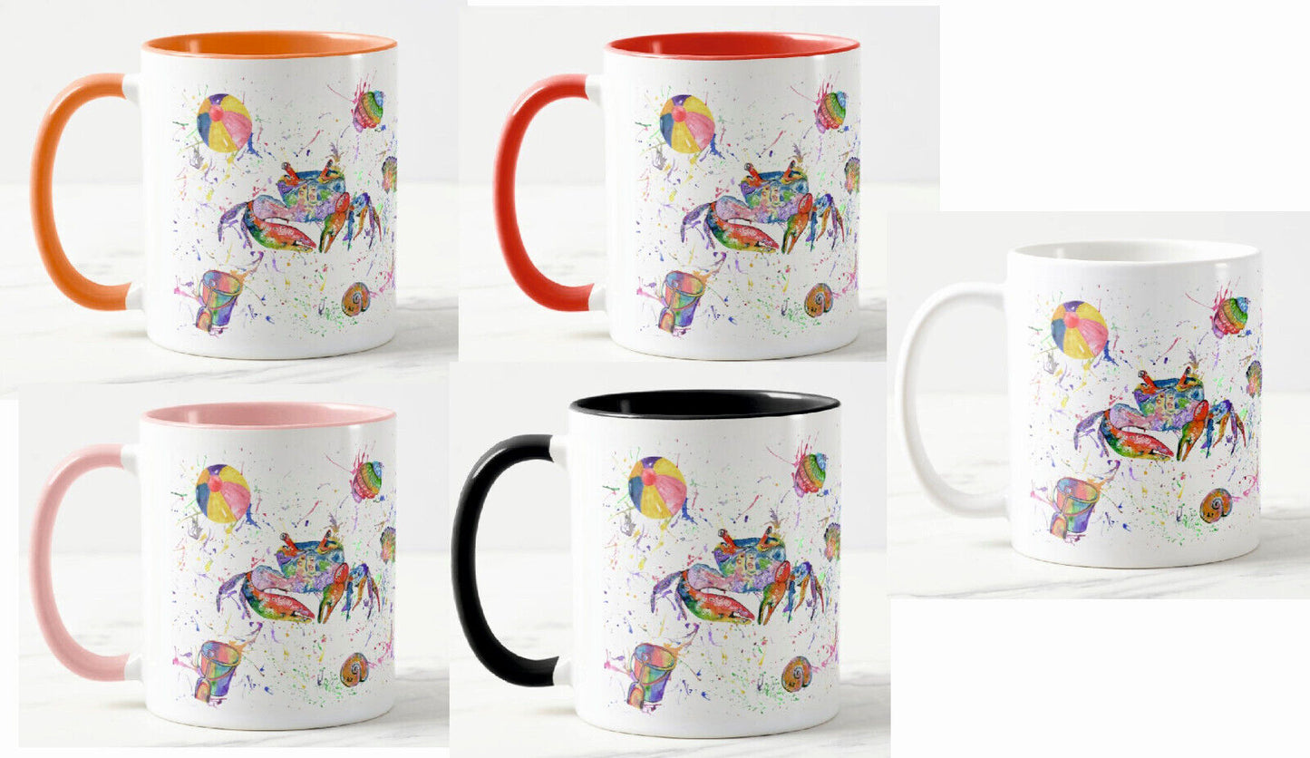 Crab Seafront Beach Animals Watercolour Rainbow Art Coloured Mug Cup