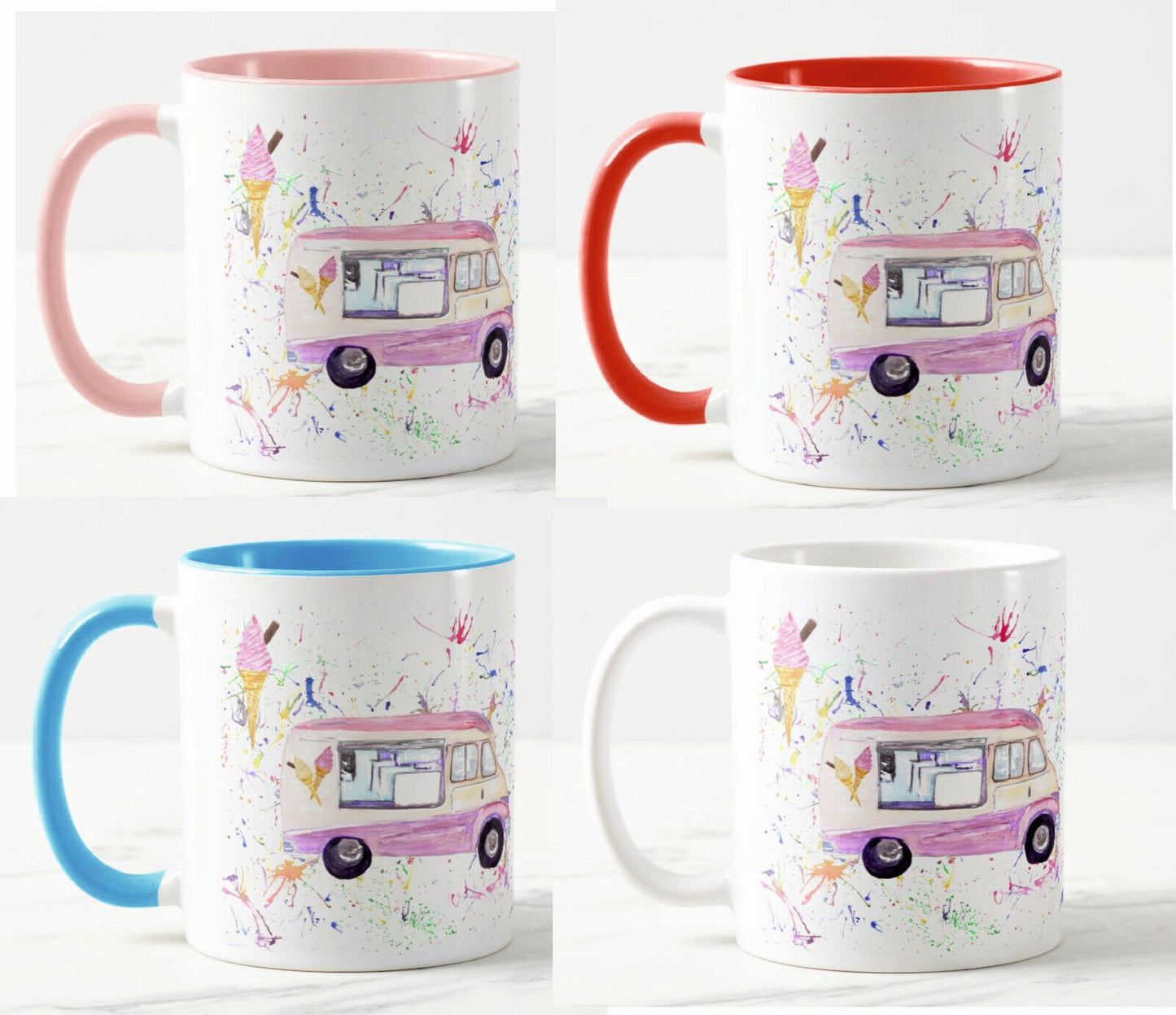 Ice Cream Van Beach Hut Seaside summer Holiday Watercolour Rainbow Art Coloured Mug Cup