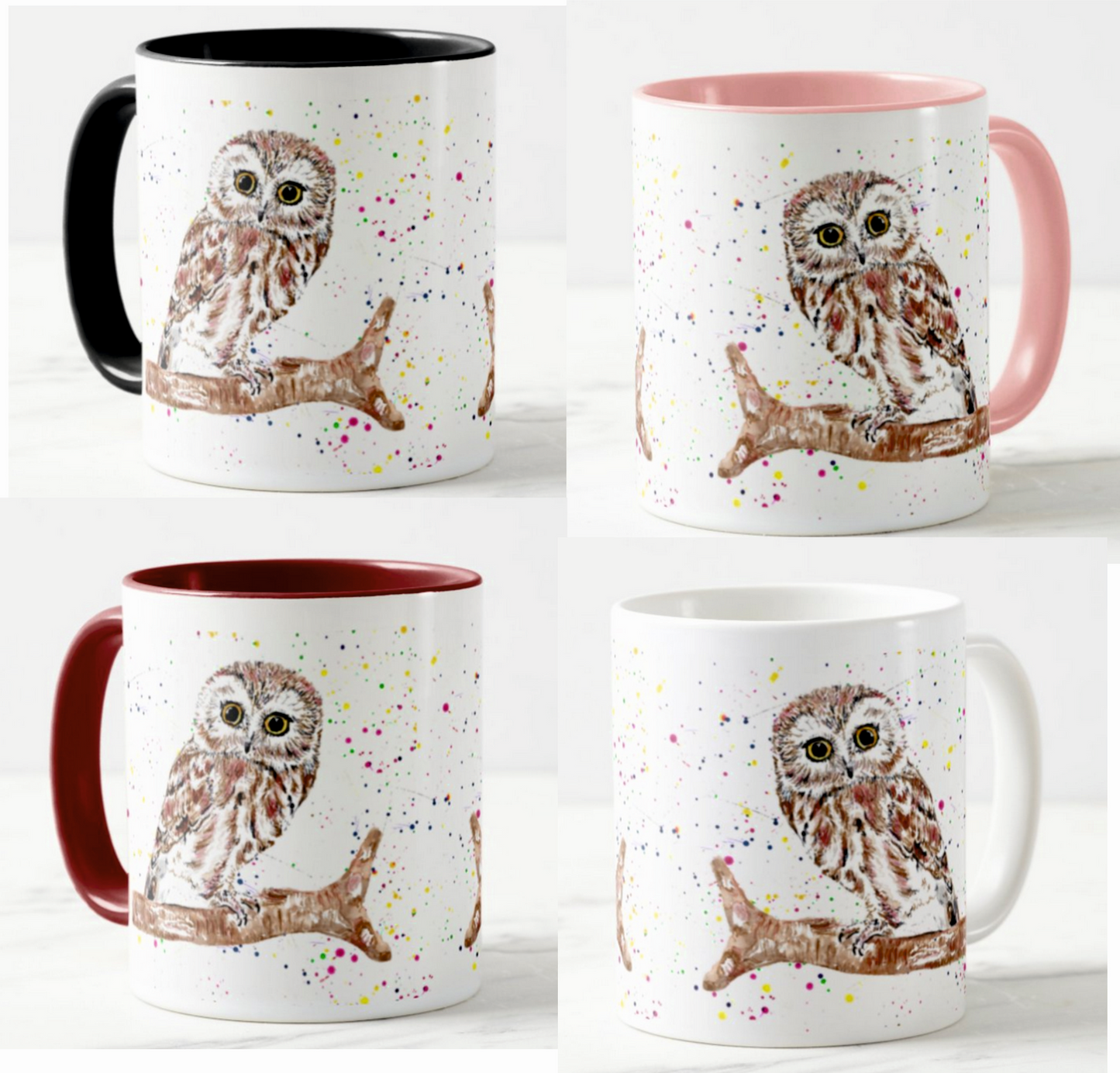 Owl Bird Animal Watercolour Art Coloured Mug Cup