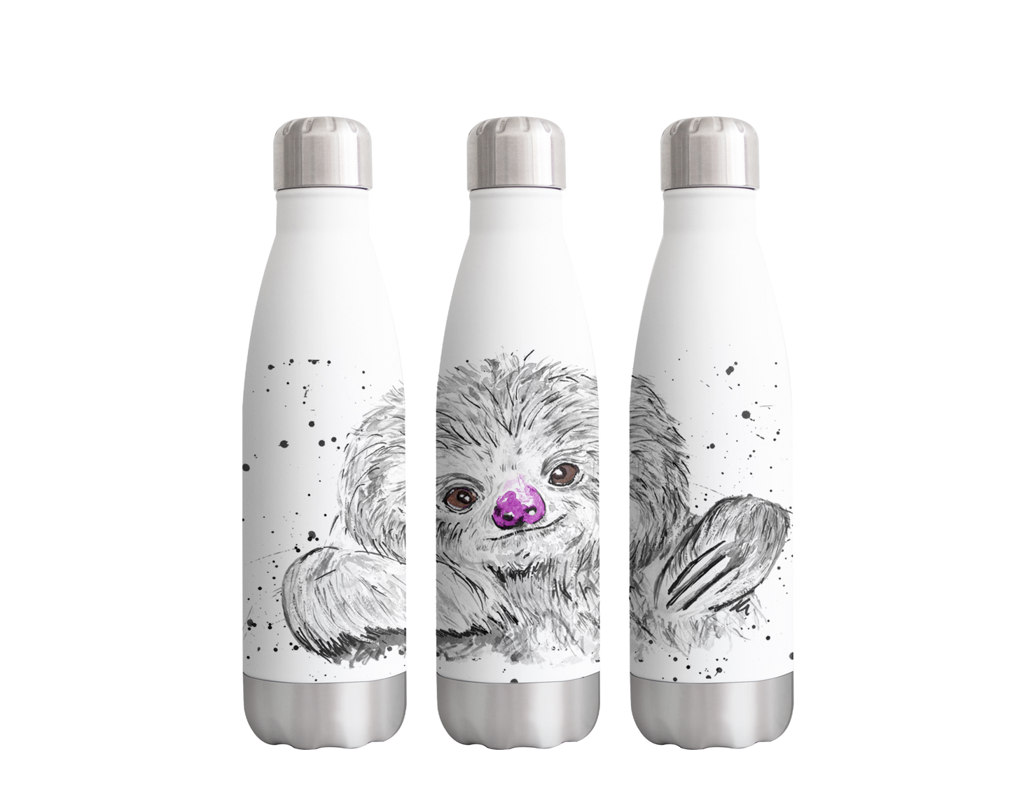 Sloth Black - White Wildlife Animals Watercolour Rainbow Art Bottle 500ml