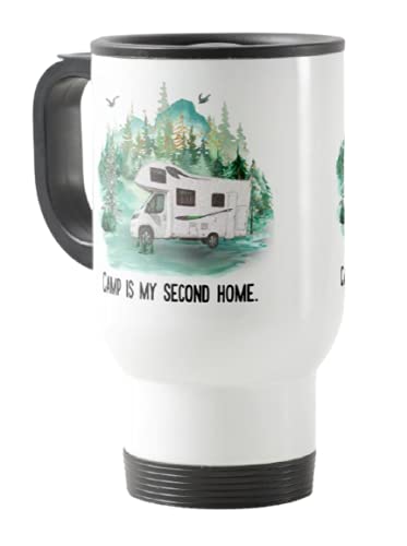 Travel Mug, Camp is My Second Home Camping, Caravan, Campervan, Holiday, Cup Novelty Office Birthday Christmas Coffee Gift Tea Present White or Silver