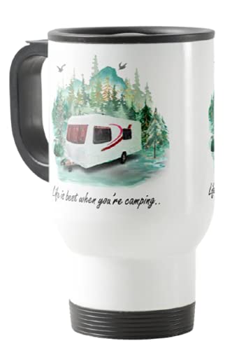 Travel Mug, Life is Best When You're Camping,Camping, Caravan, Campervan, Holiday, Cup Novelty Office Birthday Christmas Coffee Gift Tea Present White or Silver