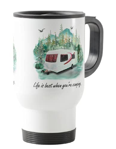 Travel Mug, Life is Best When You're Camping,Camping, Caravan, Campervan, Holiday, Cup Novelty Office Birthday Christmas Coffee Gift Tea Present White or Silver