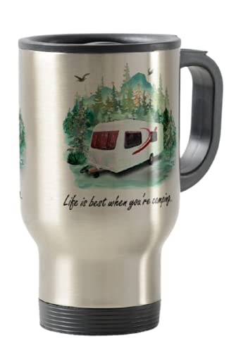 Travel Mug, Life is Best When You're Camping,Camping, Caravan, Campervan, Holiday, Cup Novelty Office Birthday Christmas Coffee Gift Tea Present White or Silver