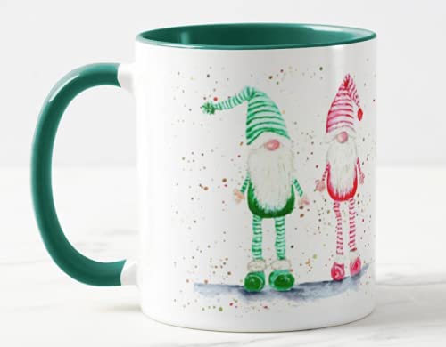 Vixar Christmas Gnome, Gnomes, Watercolour Rainbow Art Coloured Mug Cup, Gift, Work, Office, Christmas Tea Coffee (D Green)