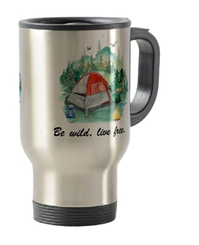 Travel Mug, Camping, Caravan Tent Be Wild, Live Free, Holiday, Cup Novelty Office Birthday Christmas Coffee Gift Tea Present White or Silver