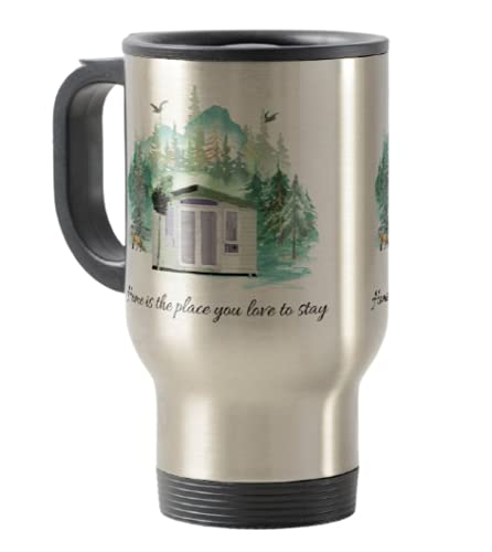 Travel Mug, Camping, Caravan Home is The Place You Love to Stay, Holiday, Cup Novelty Office Birthday Christmas Coffee Gift Tea Present White or Silver