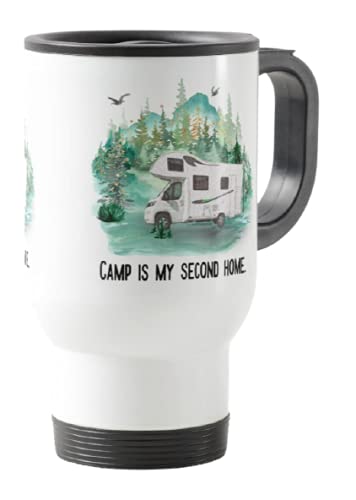 Travel Mug, Camp is My Second Home Camping, Caravan, Campervan, Holiday, Cup Novelty Office Birthday Christmas Coffee Gift Tea Present White or Silver