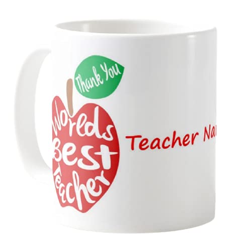 Vixar Teacher Mug - Thank You, Personalised Mug Customised with Teacher Name, Apple, Teacher Gift from Kids, School Gift