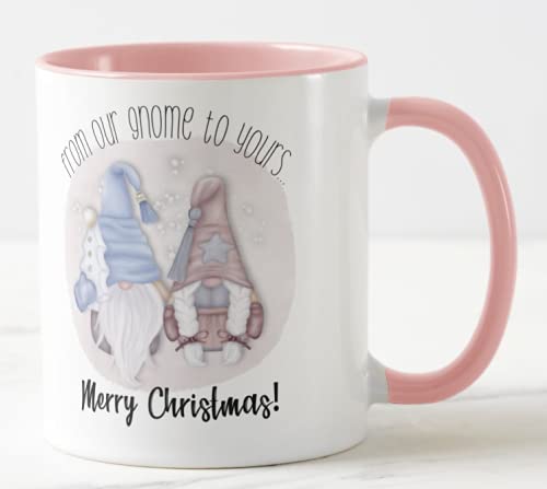 Christmas Gnome, Gnomes, Merry Christmas from Our gnome to Yours Coloured Mug Cup, Gift, Work, Office, Christmas Tea Coffee (Pink)