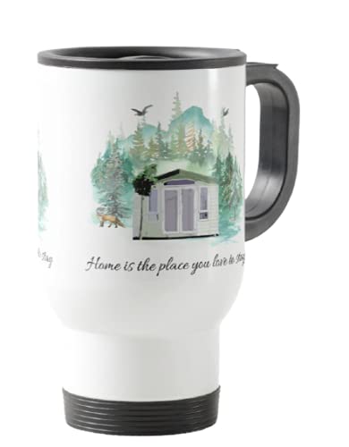 Travel Mug, Camping, Caravan Home is The Place You Love to Stay, Holiday, Cup Novelty Office Birthday Christmas Coffee Gift Tea Present White or Silver