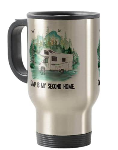 Travel Mug, Camp is My Second Home Camping, Caravan, Campervan, Holiday, Cup Novelty Office Birthday Christmas Coffee Gift Tea Present White or Silver