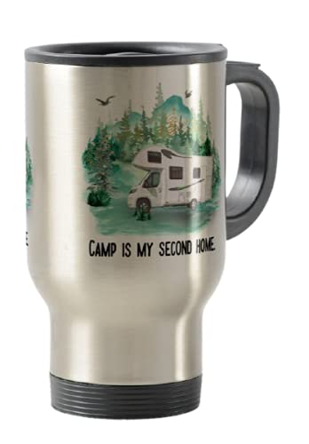 Travel Mug, Camp is My Second Home Camping, Caravan, Campervan, Holiday, Cup Novelty Office Birthday Christmas Coffee Gift Tea Present White or Silver