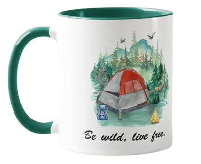 Vixar Tent, Camping,Caravan,Be Wild, Live Free, Holiday, Ceramic Mug Cup Coloured,11oz, Novelty Gift, Joke