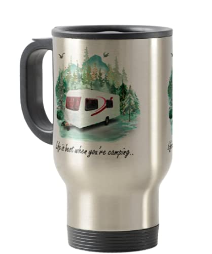 Travel Mug, Life is Best When You're Camping,Camping, Caravan, Campervan, Holiday, Cup Novelty Office Birthday Christmas Coffee Gift Tea Present White or Silver