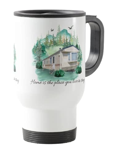 Travel Mug, Camping, Caravan Home is The Place You Love to Stay, Holiday, Cup Novelty Office Birthday Christmas Coffee Gift Tea Present White or Silver
