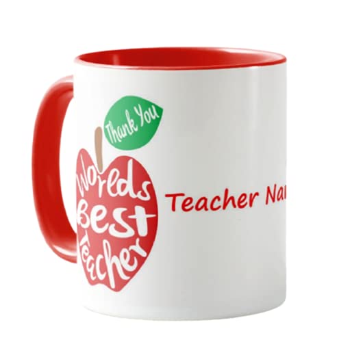 Vixar Teacher Mug - Thank You, Personalised Mug Customised with Teacher Name, Apple, Teacher Gift from Kids, School Gift