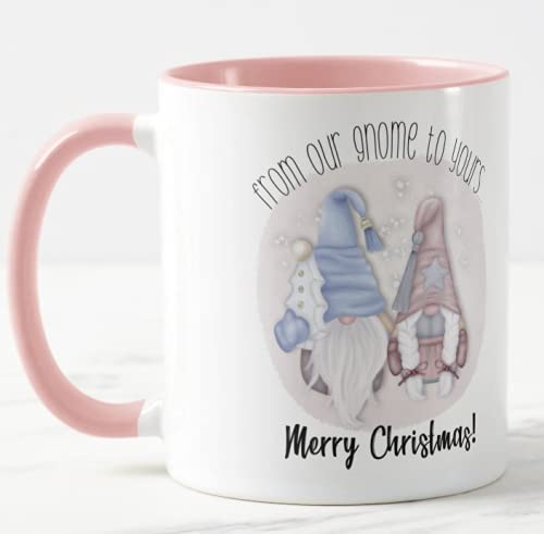 Christmas Gnome, Gnomes, Merry Christmas from Our gnome to Yours Coloured Mug Cup, Gift, Work, Office, Christmas Tea Coffee (Pink)