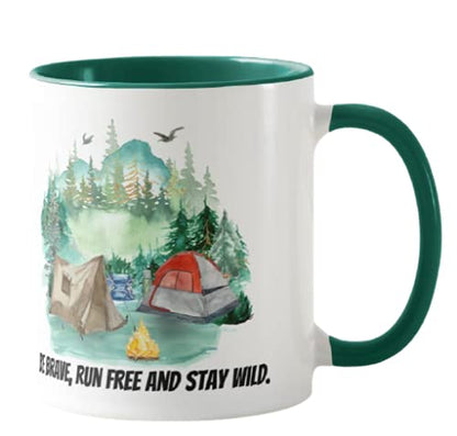 Tent Camping Caravan, Be Brave,Run Free and Stay Wild, Holiday, Ceramic Mug Cup Coloured,11oz, Novelty Gift, Joke