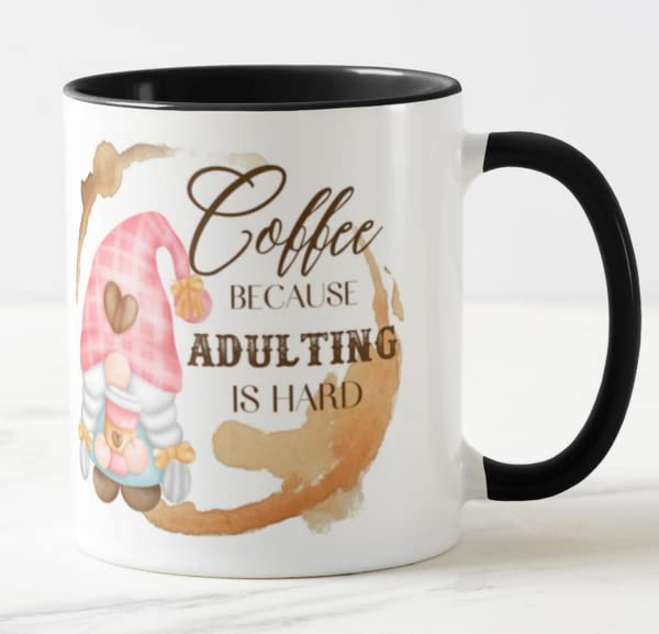Gnome Coffee Because Adulting is Hard Joke Novelty Coloured Mug Cup Gift Birthday Work Office Christmas Tea Coffee