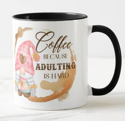 Gnome Coffee Because Adulting is Hard Joke Novelty Coloured Mug Cup Gift Birthday Work Office Christmas Tea Coffee
