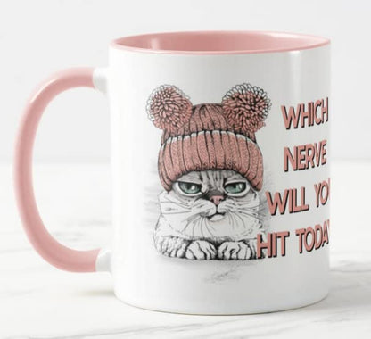 Vixar Which Nerve Will You hit Today? Cat Joke Novelty Coloured Mug Cup Gift Birthday Work Office Christmas Tea Coffee