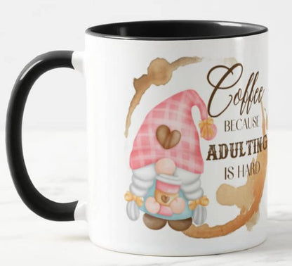 Gnome Coffee Because Adulting is Hard Joke Novelty Coloured Mug Cup Gift Birthday Work Office Christmas Tea Coffee