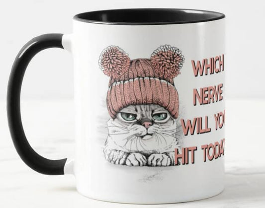 Vixar Which Nerve Will You hit Today? Cat Joke Novelty Coloured Mug Cup Gift Birthday Work Office Christmas Tea Coffee