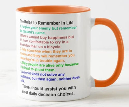 Vixar Five Rules to Remember in Life Funny Novelty Coloured Mug Cup Gift Birthday Work Office Christmas Tea Coffee