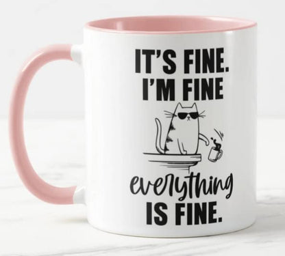 Vixar Its Fine I'm Fine Everything is fine Cat Joke Coloured Mug Cup Gift Birthday Work Office Christmas Tea Coffee