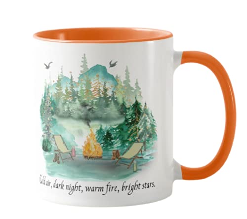 Camping Tent Forest, Cold air Dark Night Warm fire Bright Stars Holiday, Ceramic Mug Cup Coloured,11oz, Novelty Gift, Joke