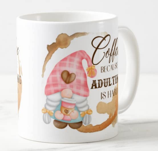 Gnome Coffee Because Adulting is Hard Joke Novelty Coloured Mug Cup Gift Birthday Work Office Christmas Tea Coffee