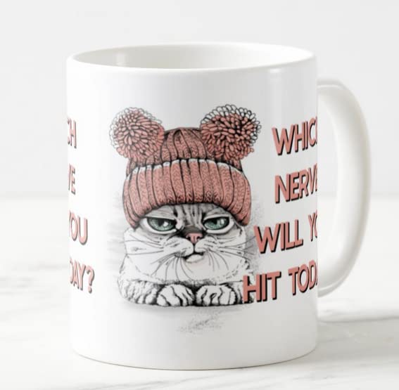 Vixar Which Nerve Will You hit Today? Cat Joke Novelty Coloured Mug Cup Gift Birthday Work Office Christmas Tea Coffee