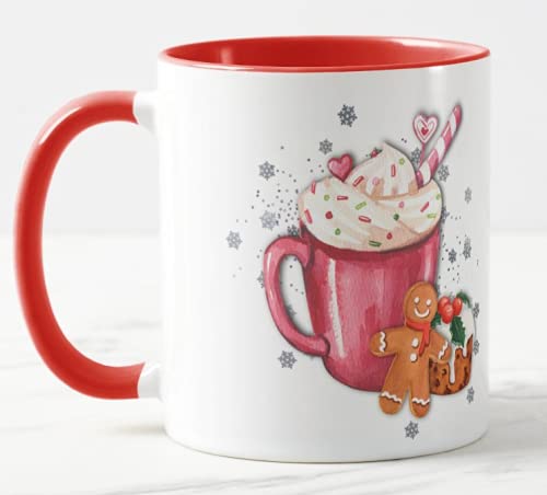 Christmas Gingerbread Coloured Mug Cup, Gift, Work, Office, Christmas Tea Coffee (Red)