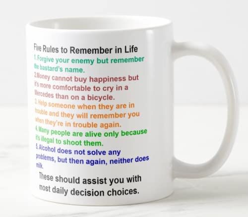 Vixar Five Rules to Remember in Life Funny Novelty Coloured Mug Cup Gift Birthday Work Office Christmas Tea Coffee